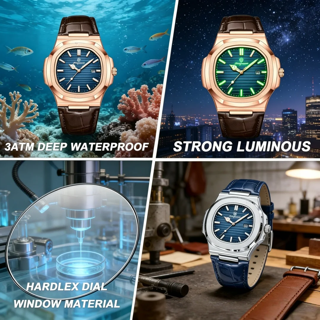 PAAZOMU Top Luxury Square Man Watch High Quality Leather Quartz Wristwatch Date Waterproof Luminous Nice Holiday Gift+Box Reloj