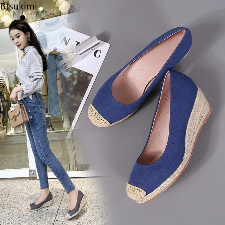 

New 2025 Fashion Women's High Heels Elegant Grass Woven Wedges Blue Pumps for Women Four Season Canvas High Shoes Ladies Party
