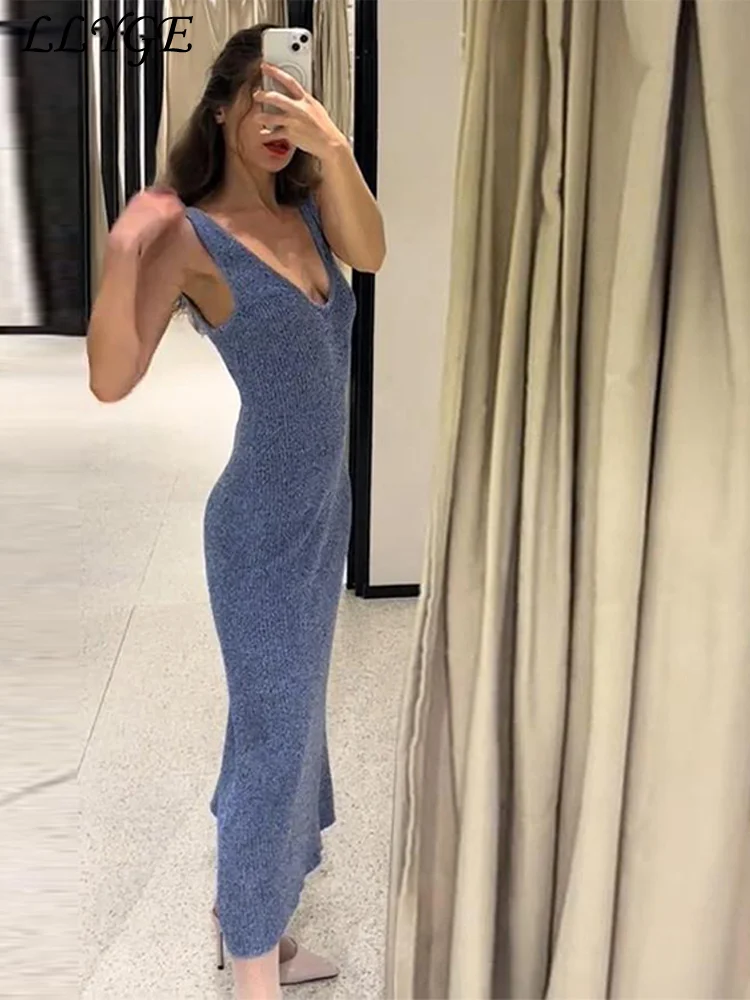 Sexy Knit Long Tank Top Dress Women Deep V-neck Sleeveless Backless Female Dresses 2025 Summer Lady Solid Vacation Robes