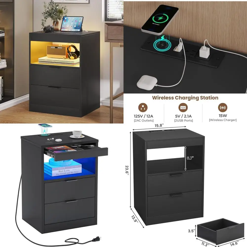 

Contemporary LED-lit Black Nightstand with Wireless Charging, 2 Drawers, and Pull-Out Shelf for Modern Bedroom