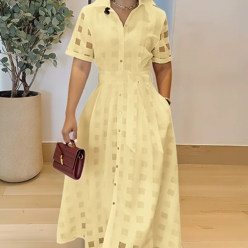 Malha dupla camada cintura cinched feminino turn-down colarinho xadrez uma linha camisa vestido botão para baixo laço cintura maxi vestido