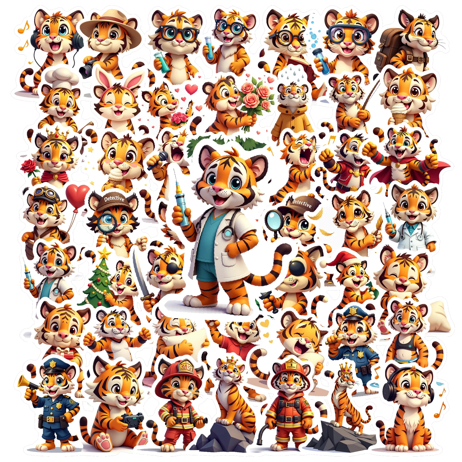 50pcs Cute Cartoon Tiger Stickers Childrens Book Paintings Animals Stickers Decal Luggage Skateboard Waterproof Sticker Toys