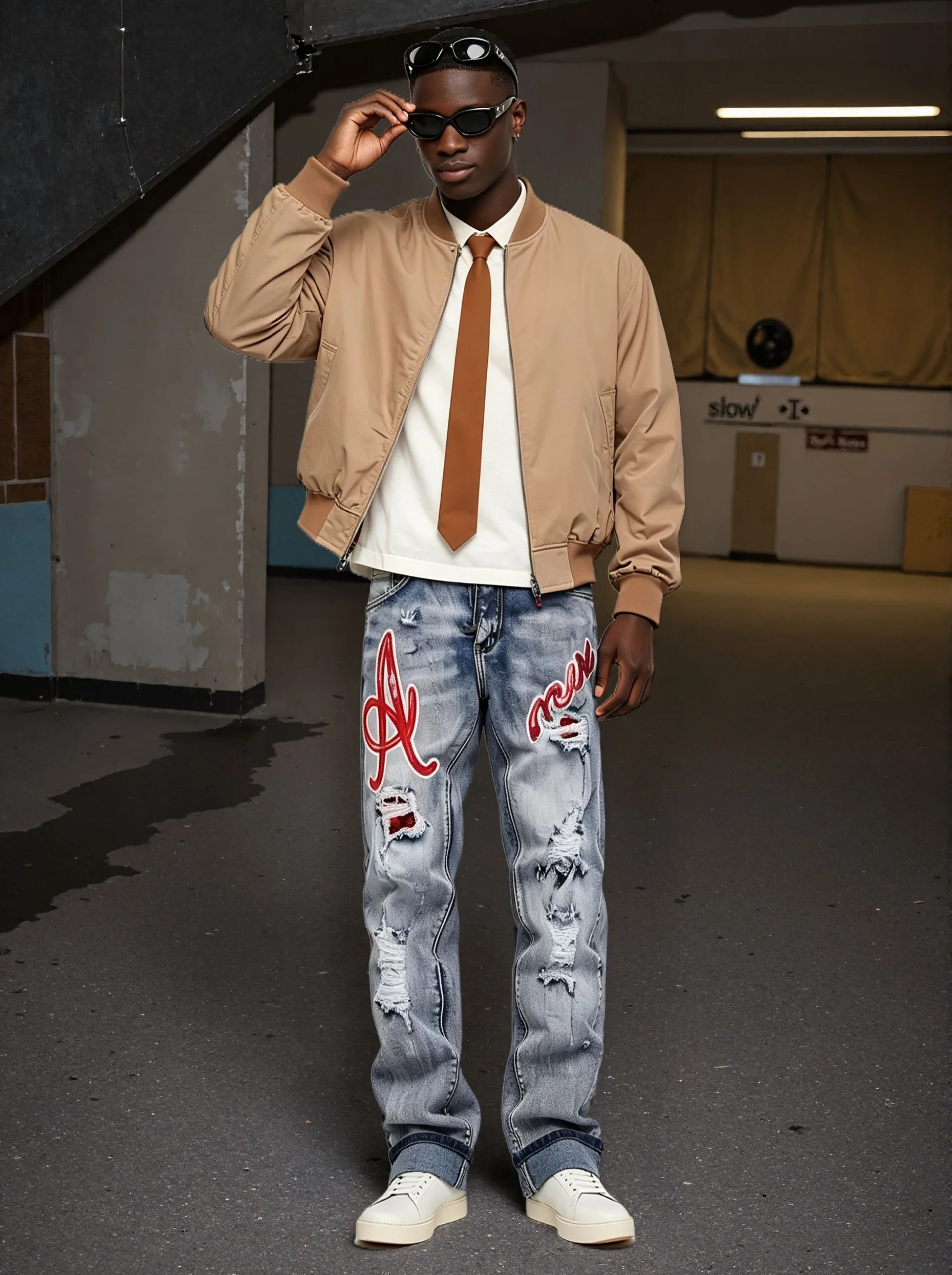 【HME】Men's Jeans | Loose Straight‑Cut Streetwear Denim Pants For Men, Faded Blue‑Grey Washed Denim Trousers, Multi‑Holes Distressed Casual Pants, Eye‑Catching Red Letter Patched Denim Bottoms, Match Sneakers For Urban Street Occasions