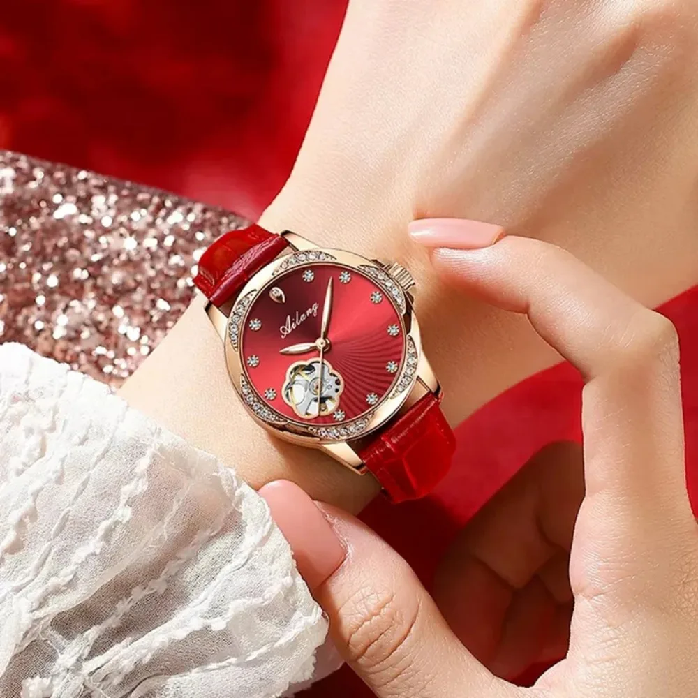 Ailang brandneue Mode Skelett mechanische Uhr für Frauen Leder wasserdichte Luxus Diamant uhr für Damen montre femme