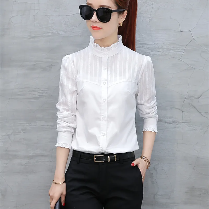 

Spring And Autumn Pure Cotton Versatile Fashion Lapel Collar Long Sleeved Shirt New Women'S Pure Color Underlay Shirt Lady