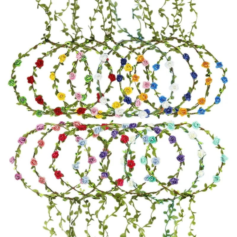 تيجان زهرة الورد الملونة المتنوعة (15 عبوة) - عصابات رأس إكليل بوهيمية متعددة الألوان لقضاء العطلات/الحفلة/الزفاف/المهرجانات