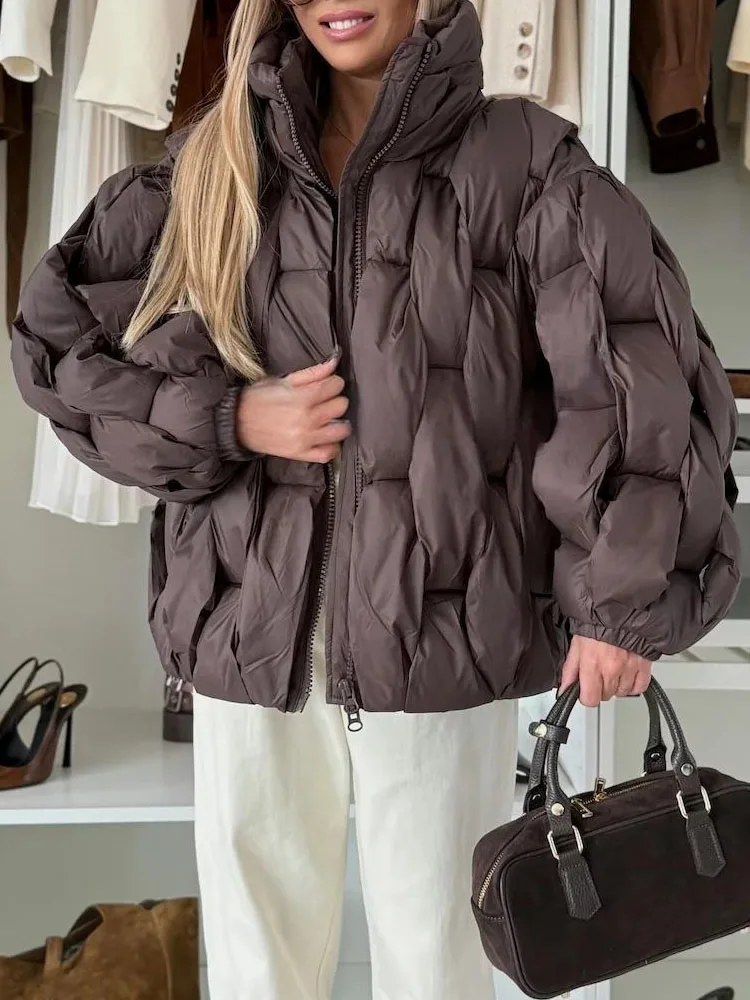 Colletto alla coreana alla moda Giubbotti in cotone Donna Casual Manica lunga Tinta unita Capispalla morbido Elegante cerniera Cappotti imbottiti a rombi