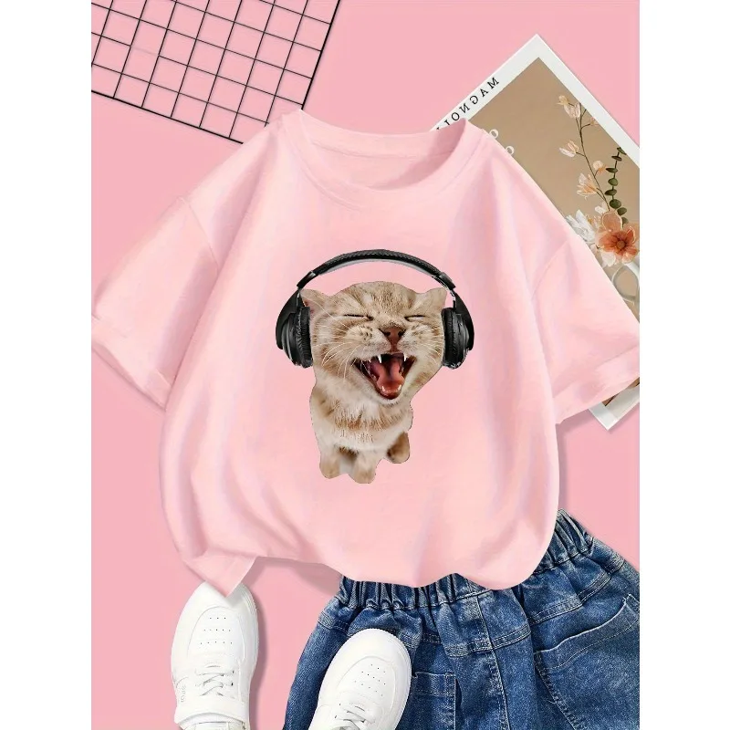 

2026 Summer New Trendy Cool Children's T-shirt Listening Earphones Cat Printed Pure Cotton Parent Child Wear Round Neck T-shirt
