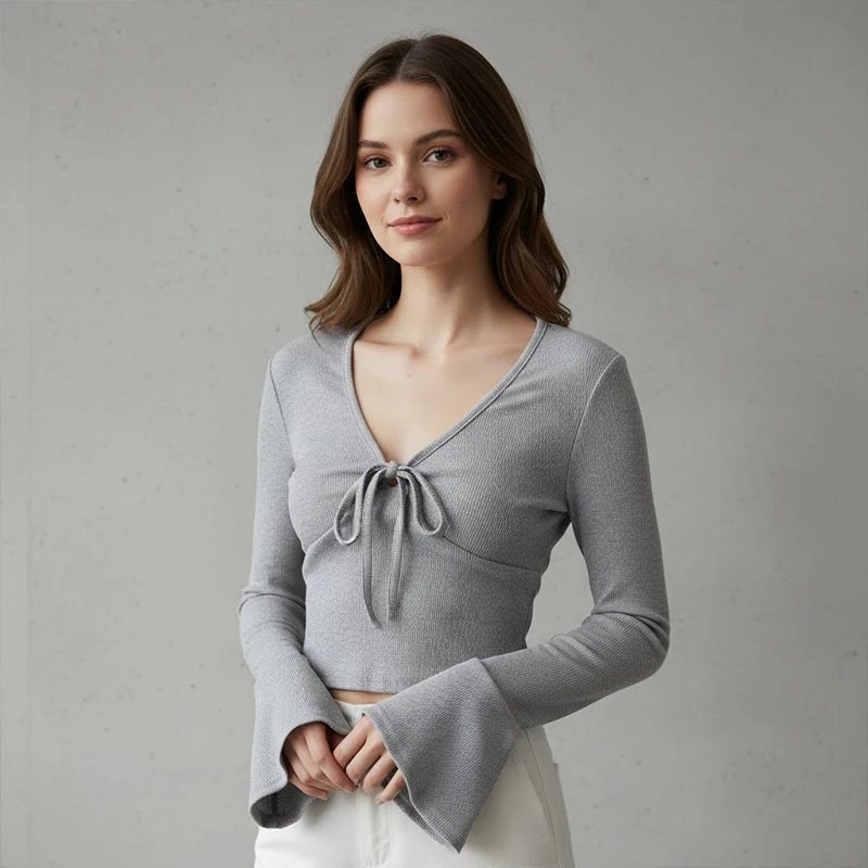 Early Autumn New Women's Deep V-neck Lace Up Knit Sweater Slim Fit And Slimming Atmosphere Long Sleeved Short Base Shirt