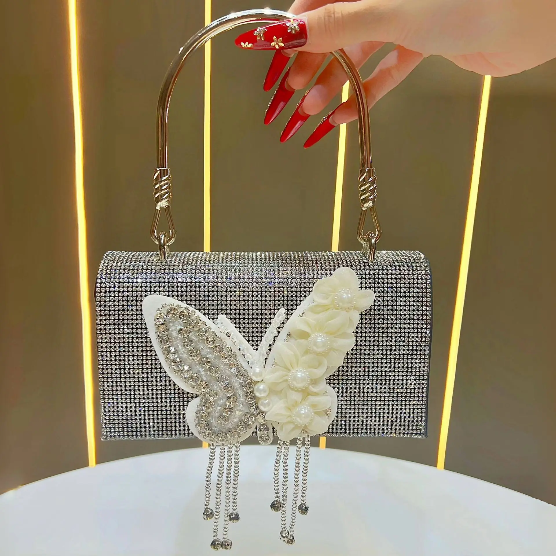 

Rhinestones Bright Evening Bags For Women Luxury Shoulder Crossbody Bags Fashionable Chain Square Handbags Party Wedding Clutch