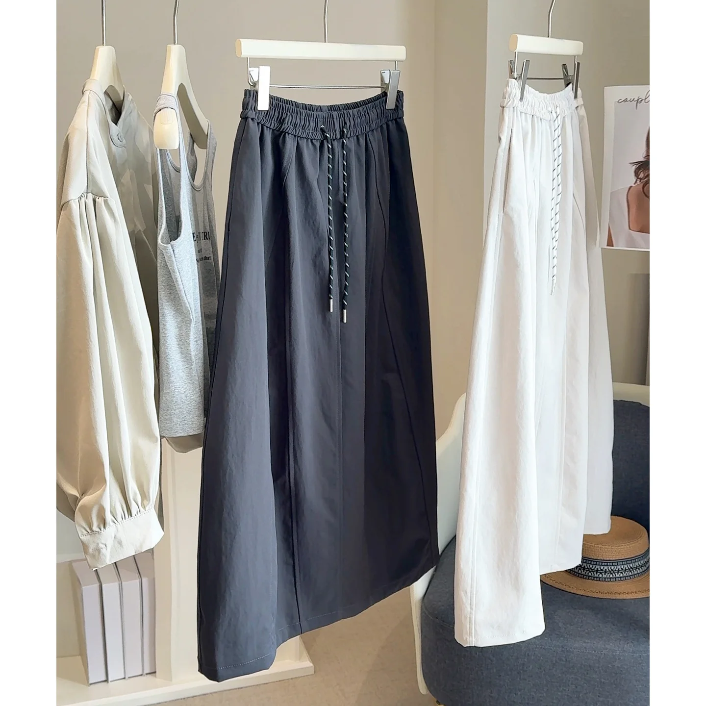 High Waist Drawstring Elastic Lightweight Quick Dry Work Skirt Midi Length Half Body Skirt Women's Pumpkin Shape Loose Fit