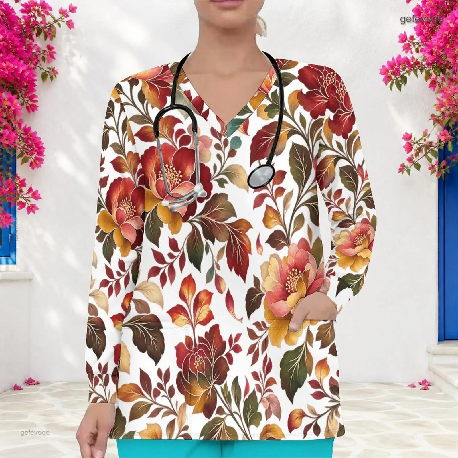 Women Printed Floral V Neck Long Sleeve Scrub Top with Front Pockets