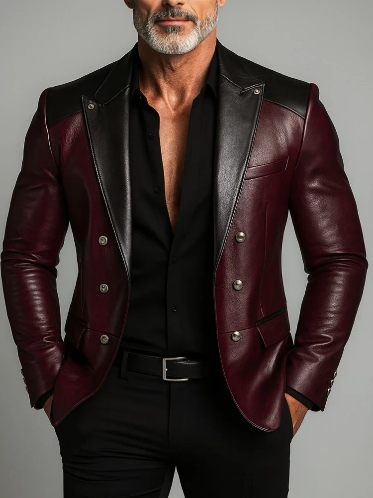 

Elegant Glossy PU Leather Men's Blazer Crimson Lapel Single-Breasted Business Suit Office Outerwear Vintage Long Sleeve