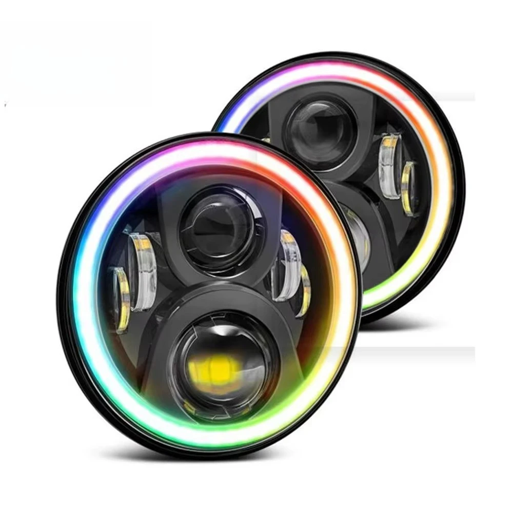 

Car LED Light 7'' RGB LED Headlight with Multicolor Angel Eyes Rings Hi/Low Beam DRL Headlamp