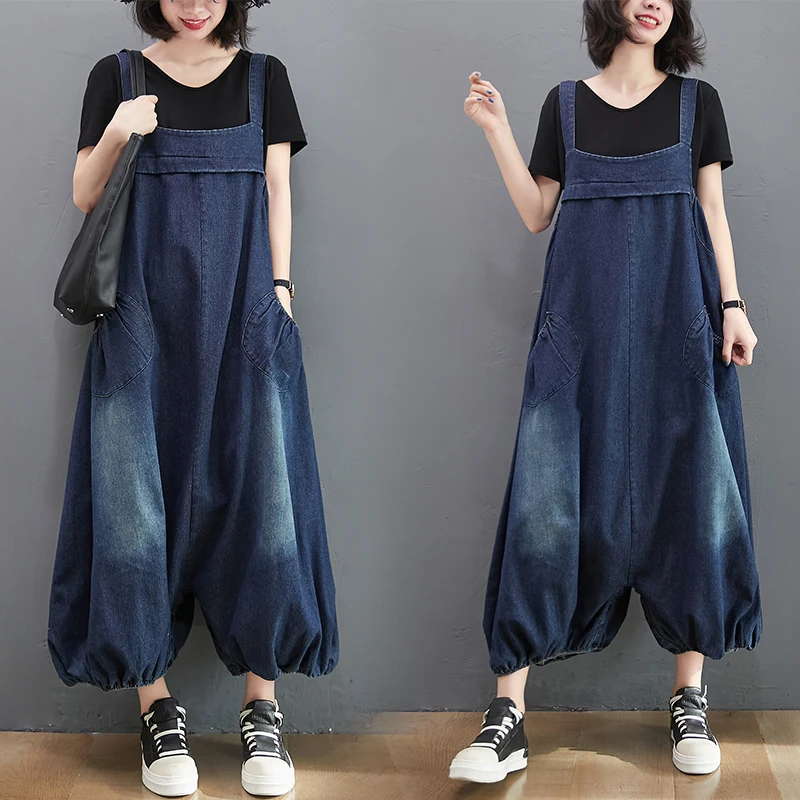 

2023 Vintage Style Denim Jumpsuit For Women Summer Clothings Streetwear Suspenders Loose Wide Leg Female Lantern Dake Blue Jeans