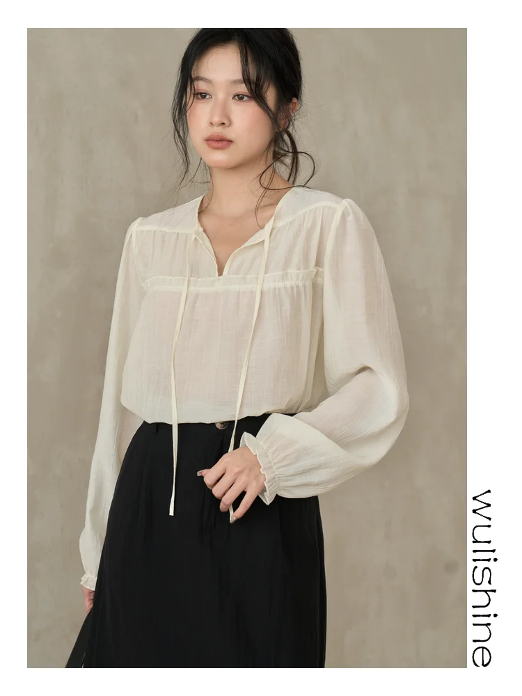 

Elegant Summer Lightweight Sun Protection Shirt Women's White Luxury Minimalist Fashionable Tie Shirt V-neck Long Sleeve