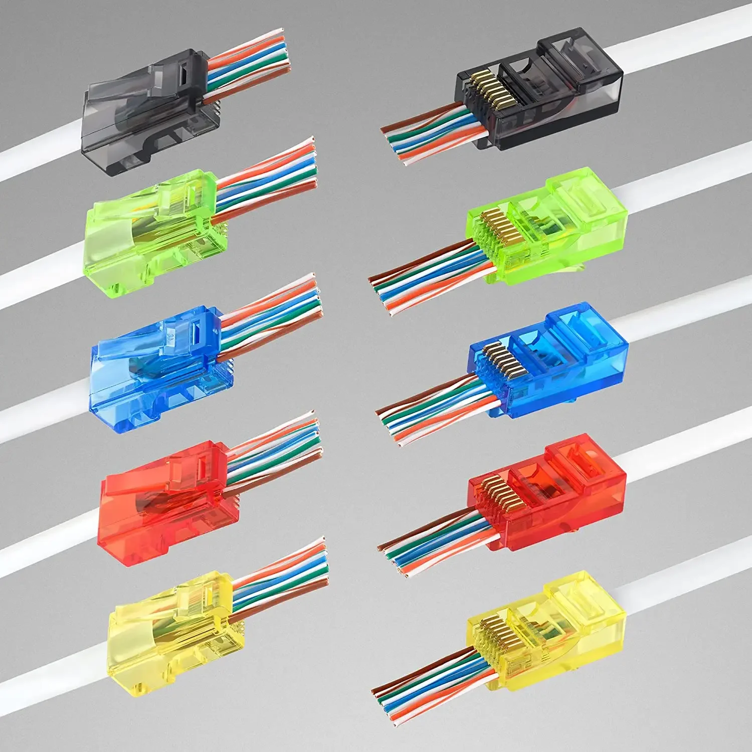 WoeoW 100PC RJ45 Cat6 przechodzi przez złącza, w różnych kolorach, EZ do zaciskania wtyczka modułowa dla stałego lub splecionego kabla sieciowego UTP