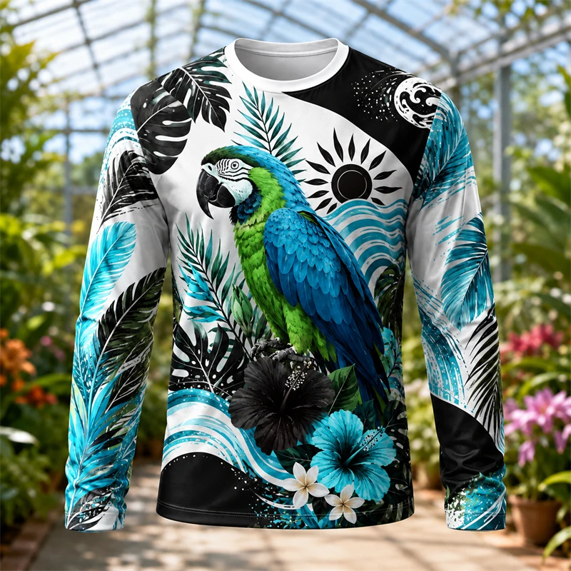 Mens Long Sleeve T Shirt 3d Print Parrot Tropical Palm Leaf Flower Ocean Wave Pattern Top Crew Neck Casual Tee Beach Party Wear