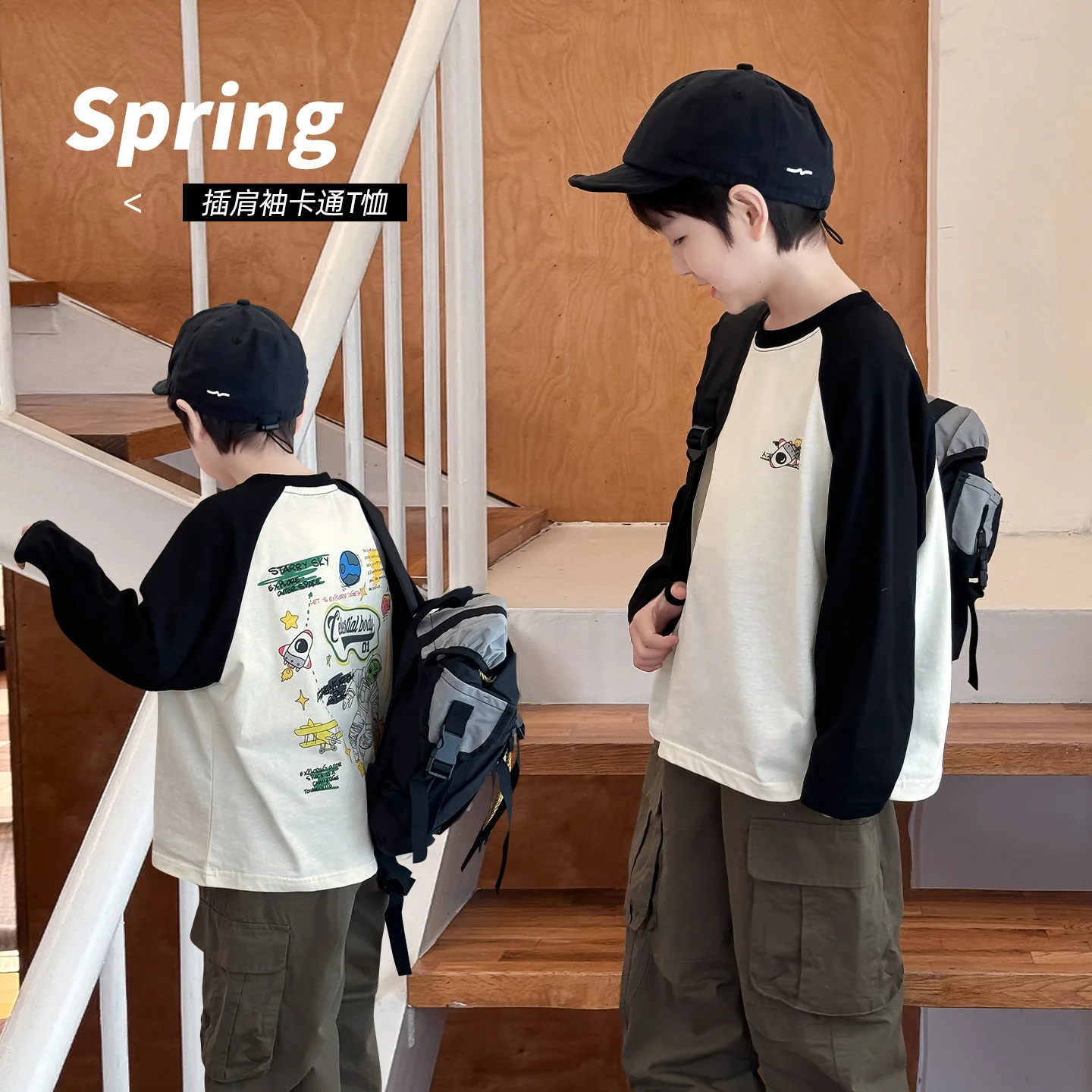 

Tong Cool 2025 spring new woven inside children's wear with rotator sleeve boy's base shirt cartoon printed children's T-shirt