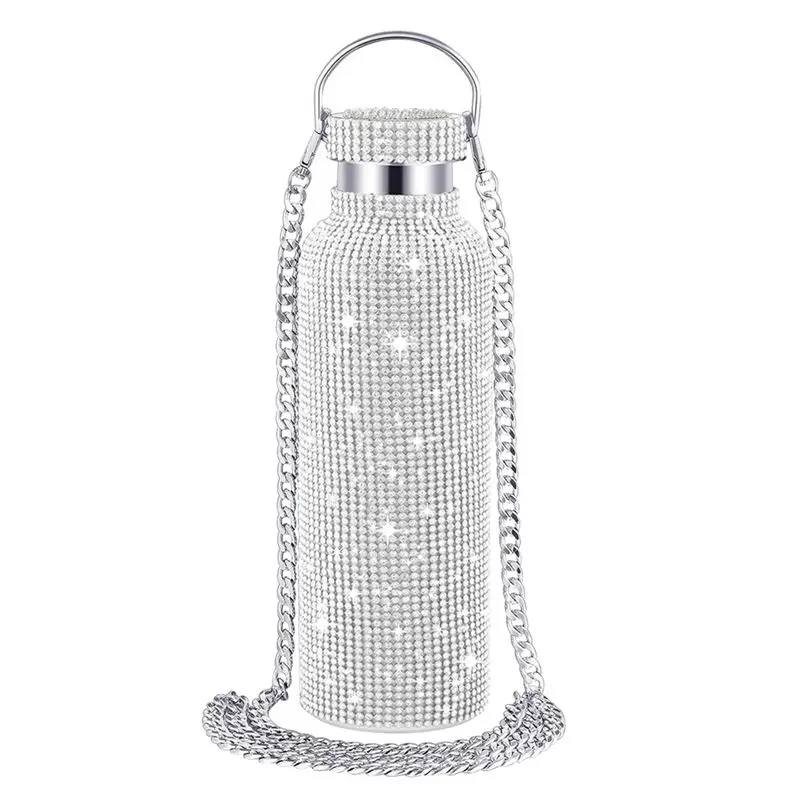 Bling Water Bottle Silver Rhinestone Glitter Bottle With Chain Rhinestone-Encrusted Stainless Steel vacuum flask Bottle-B61B