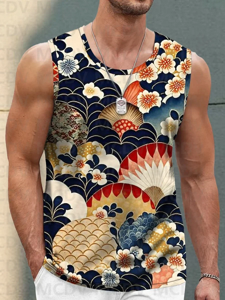 

Japanese Sakura Folding Fan Print Crew Neck Tank Top 3D Printed Tank Tops Men Summer Tops