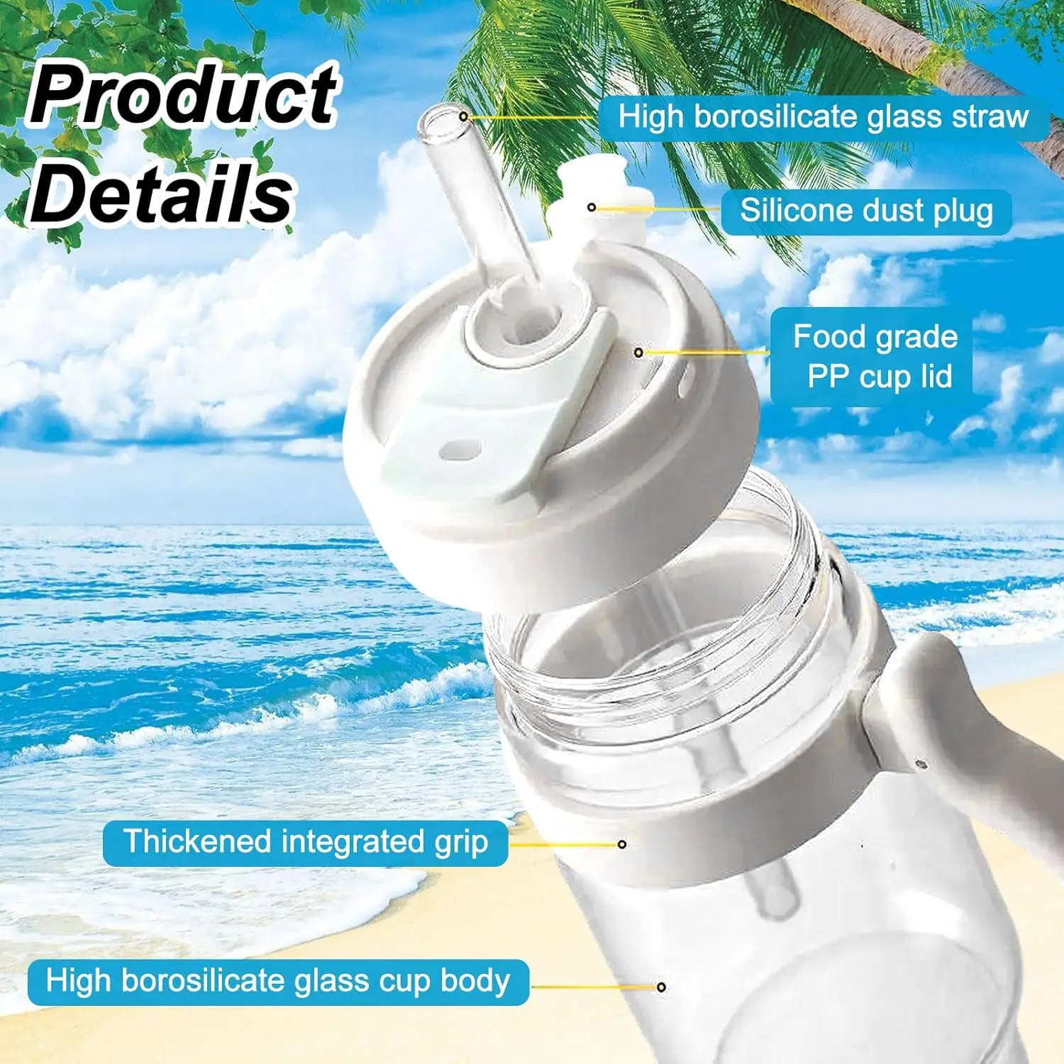 Vaso de vidrio de 32 oz con pajita y tapa, botellas de agua de vidrio con asa, taza de café helado reutilizable, Wat de vidrio de gran capacidad de 1 litro