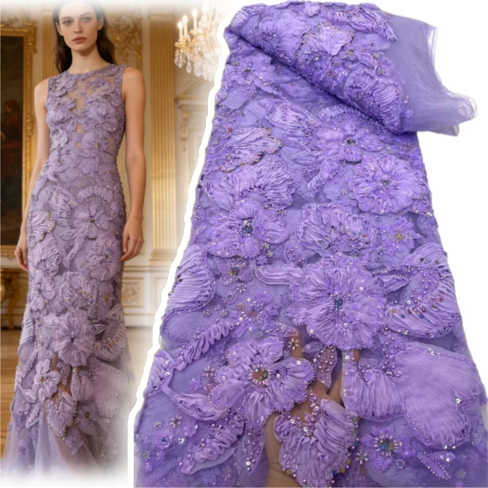 

3D Floral French Sequin Lace Fabric 2026 High-Quality African Beaded Lace Fabric Ideal for Party Dresses and Wedding Gowns 1982