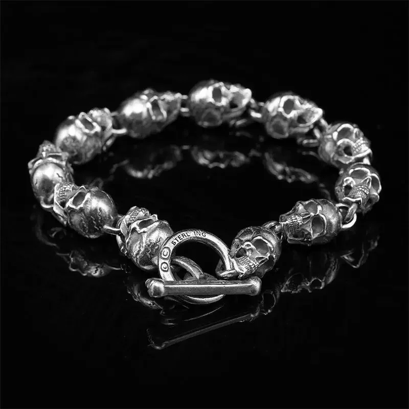 Silver-Plated American-Style Handmade Motorcycle Bracelet Trendy Men and Women Skull Retro Punk Hand String Valentine's Day Gift