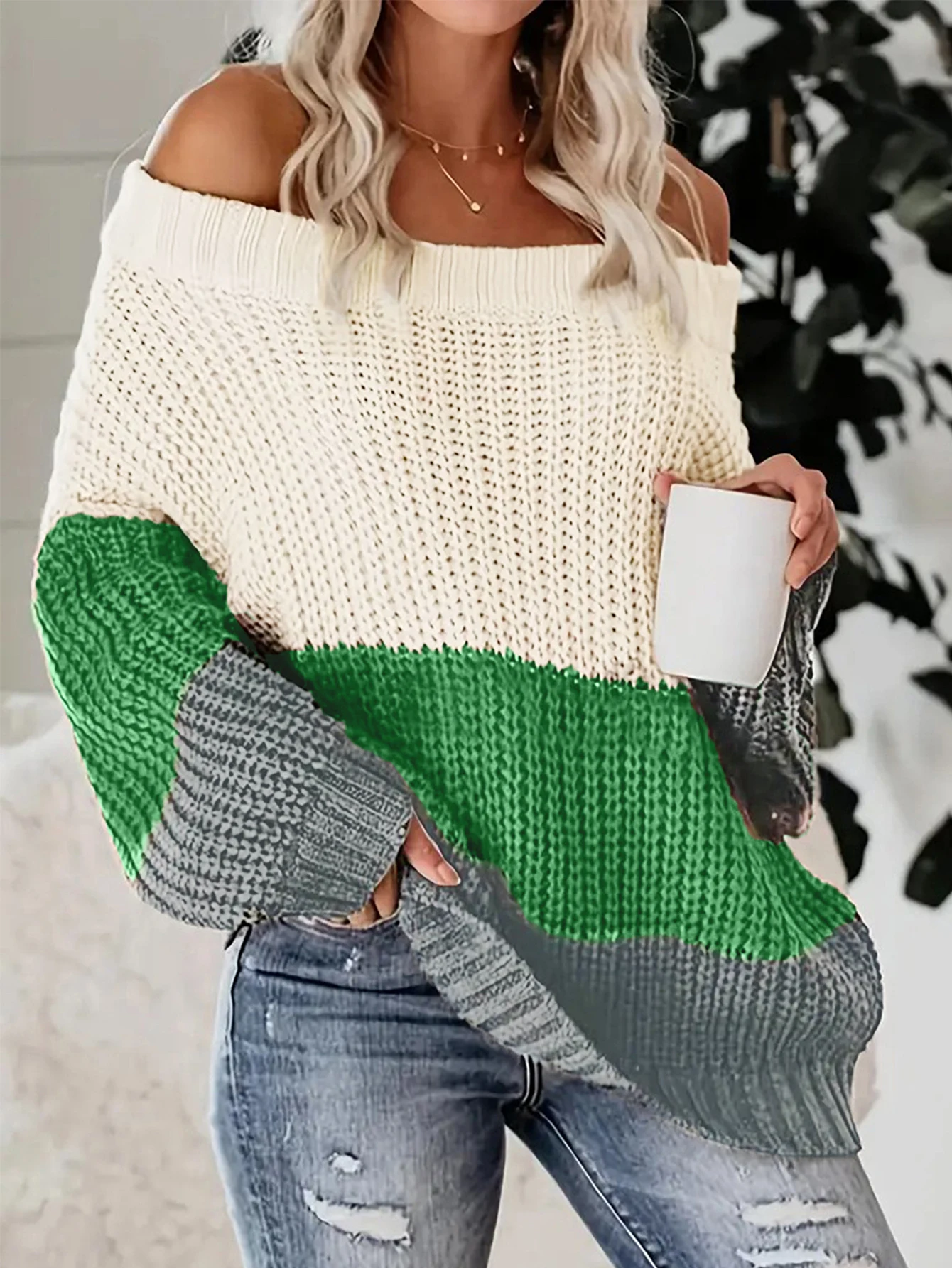 Color contrast bat sleeve pullover sweater, line neck off-the-shoulder patchwork color contrast loose knit pullover sweater