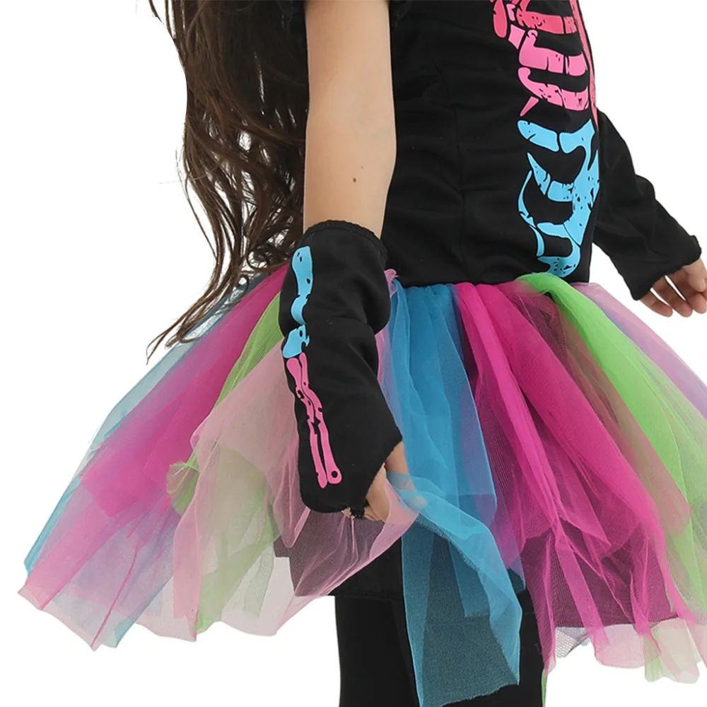 Girls Kids Halloween Colorful Skeleton Tutu Costume Set Short Sleeve Rainbow Tulle Dress For Trick Or Treat Cosplay Outfit view 5