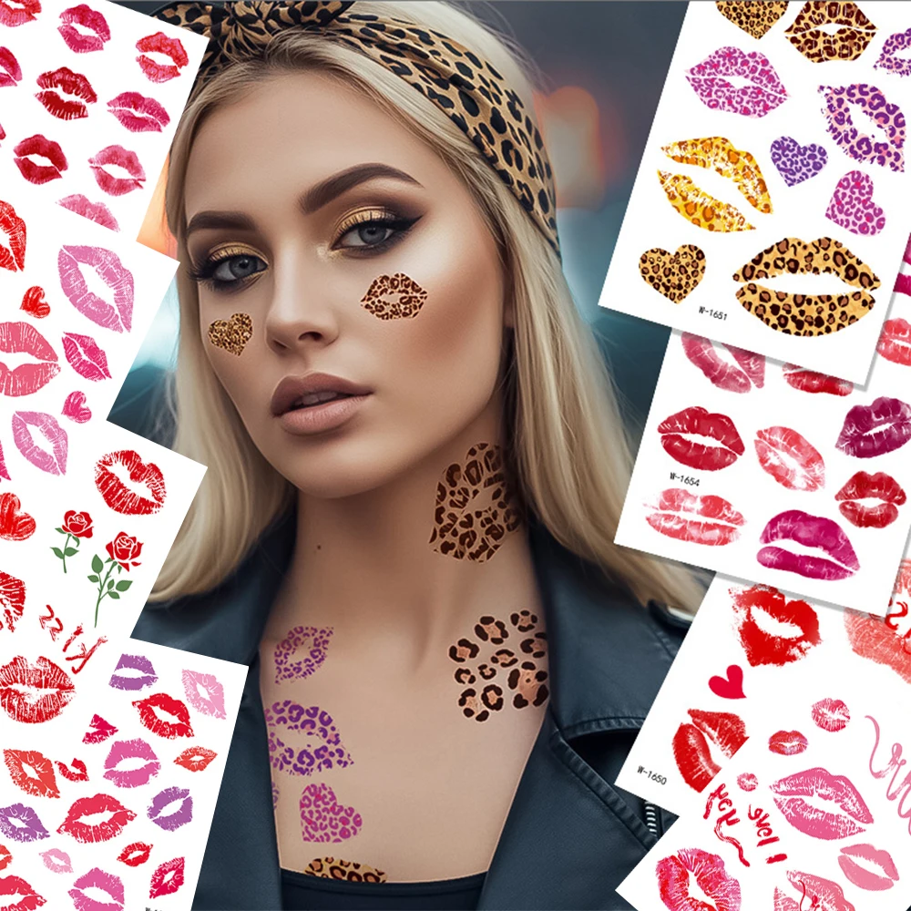 8sheets Valentine's Day Waterproof Temporary Tattoos Face Stickers Set Sexy Red Lips Leopard Print Lip Kiss Design Body Tattoos