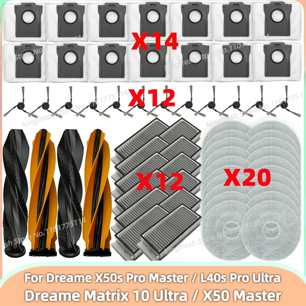 متوافق مع ( Dreame Matrix 10 Ultra /Dreame X50 Master /X50s Pro Master / L40s Pro Ultra/ X50s Pro Ultra ) قطع غيار المكنسة الكهربائية الأسطوانة الرئيسية الفرشاة الجانبية فلتر HEPA قطعة قماش ممسحة كيس الغبار الملحقات