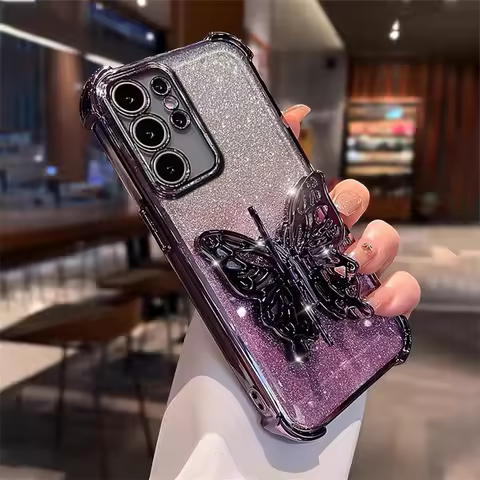 Luxury Glitter Butterfly for Stand Case for Samsung Galaxy S24 Ultra S22 S23 Plus A15 A55 A35 A54 A53 Diamond Gradient Cover