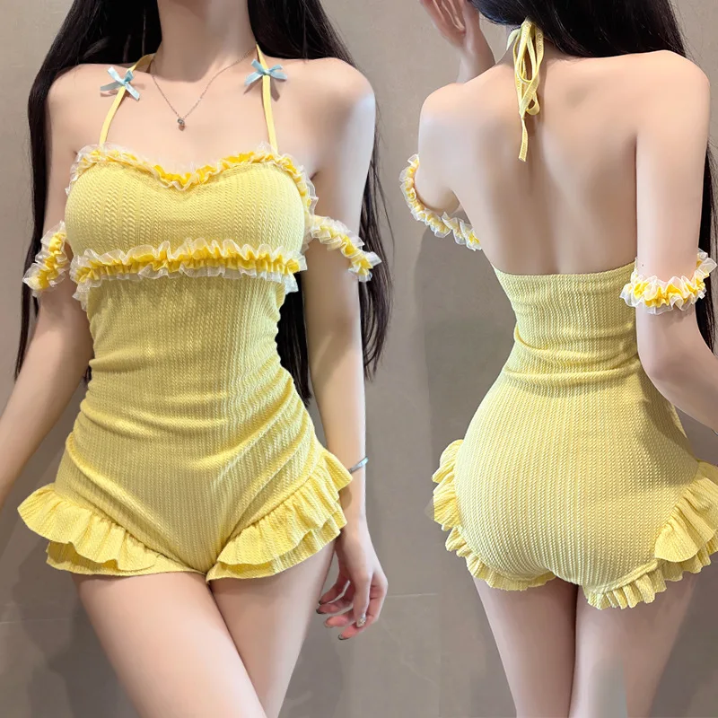 sexy Korean fashion conservative bow swimsuits one piece yellow ruffles strapless bodysuits bikinis cute beach outfits swimwear