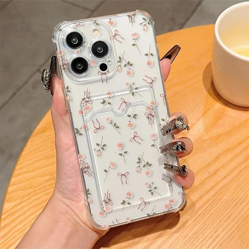 

1PC Literary Flower Bow Card Case Soft Phone Case For iPhone 17 16 15 14 13 12 11 Pro Max AIR 14 15 16 Plus