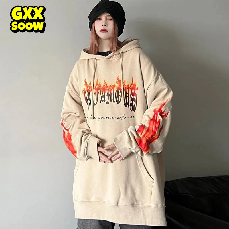 

Hip Hop Hoodies Streetwear Flame Letter Printed Sweatshirt Hooded Pullover Harajuku Casual Sweat Shirt Spring Hoodie