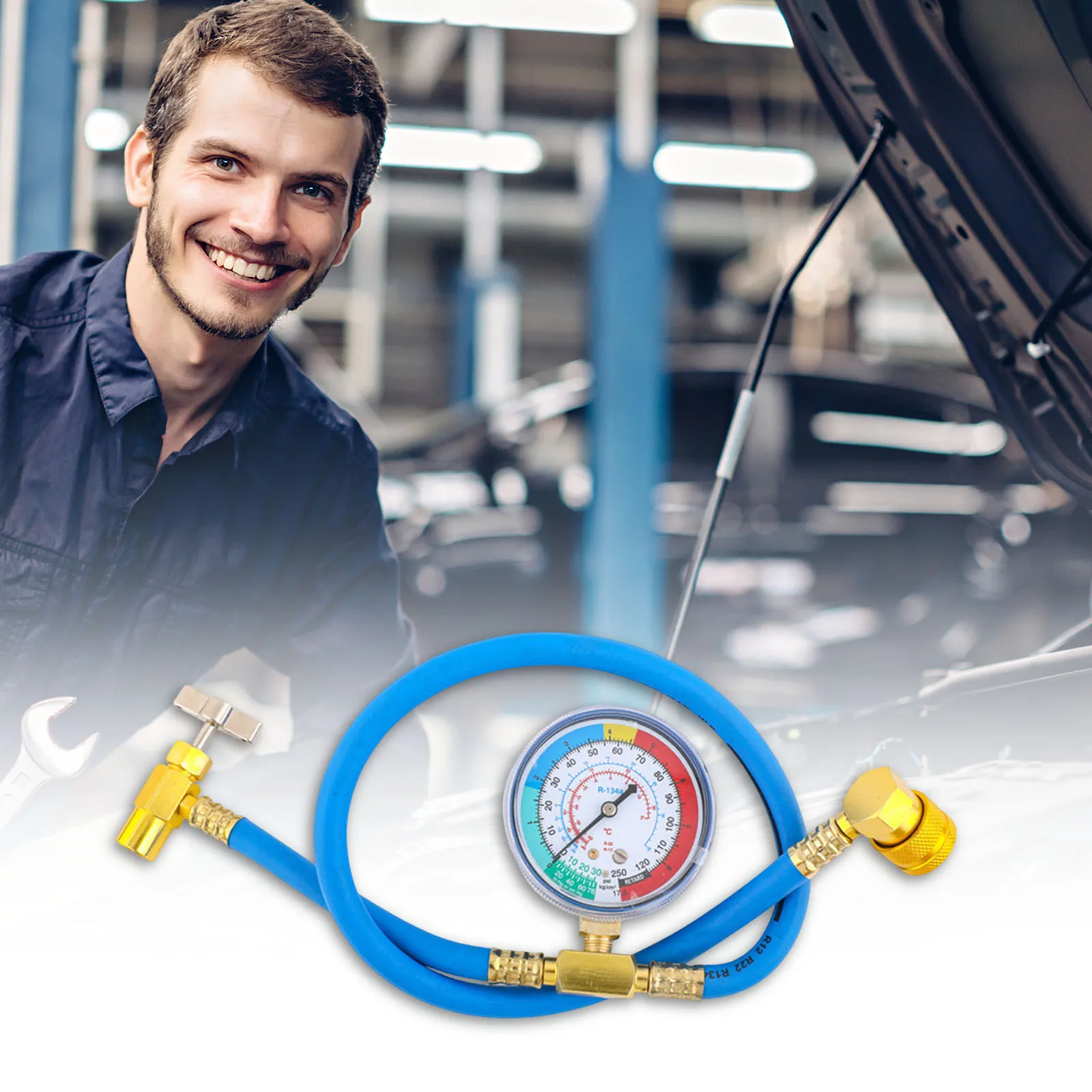 

R134a Refrigerant Charge Hose Kit with 1/2in Can Tap Valve & Low Side Quick Coupler AC Refrigerant Charging Hose Measuring Kit