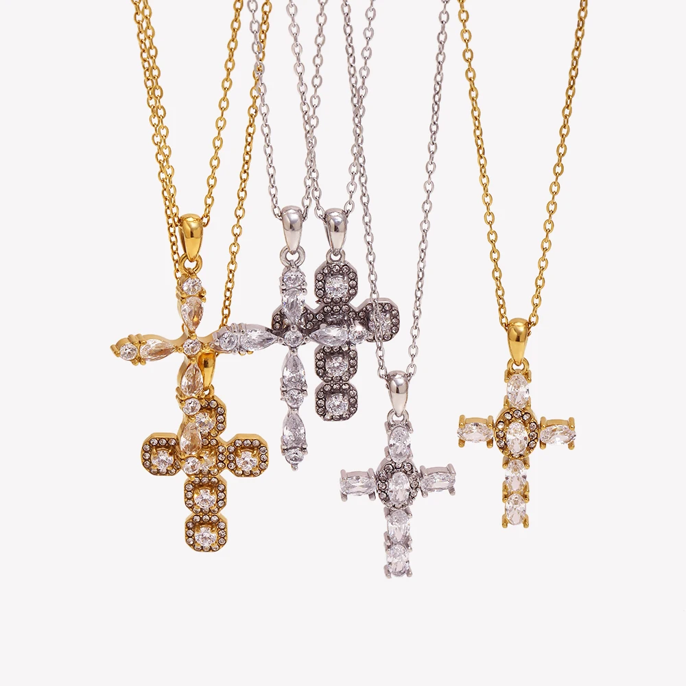 E.B.belle Multi-style Zircon Cross Pendant Necklace 18K Gold Plated Stainless Steel Chain Minimalist Jewelry Women Accessories