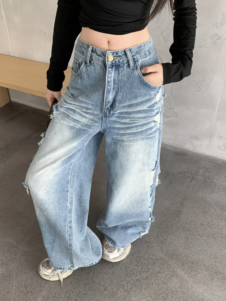Loose Women's Jeans Denim Long Pants Washed Mid-Waist Micro-Elastic American Retro Hole Wide Leg Summer Trendy
