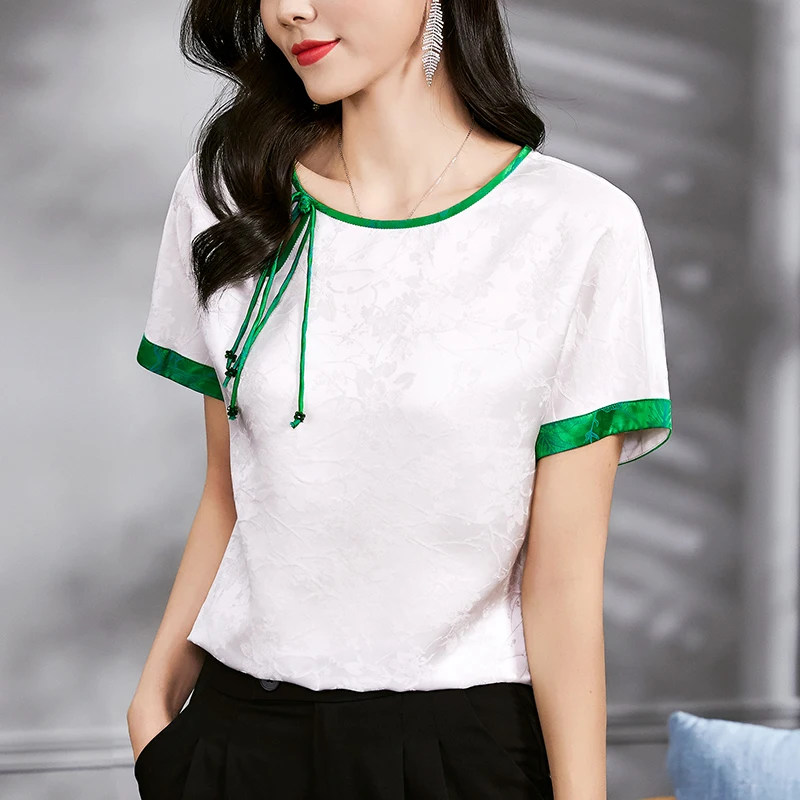 Chinese Style Women's Vintage Shirt Elegant Fashion Short Sleeve Woman Shirts Blouses Loose Tops 100% Real Silk Blouse