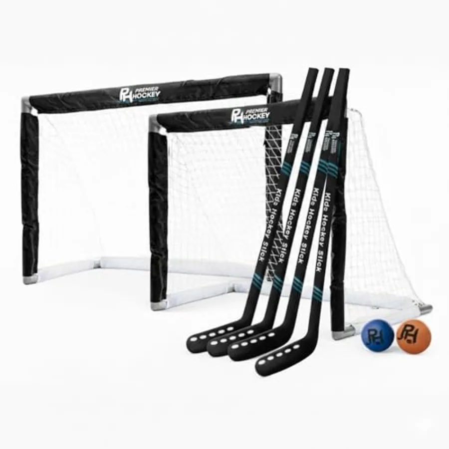 

Hockey Set for Ages 3-9: 4 Wooden Sticks, 2 Plastic Mini Goals, 1 Foam Ball 1 Standard Ball Lightweight, Durable, Bright Blue a