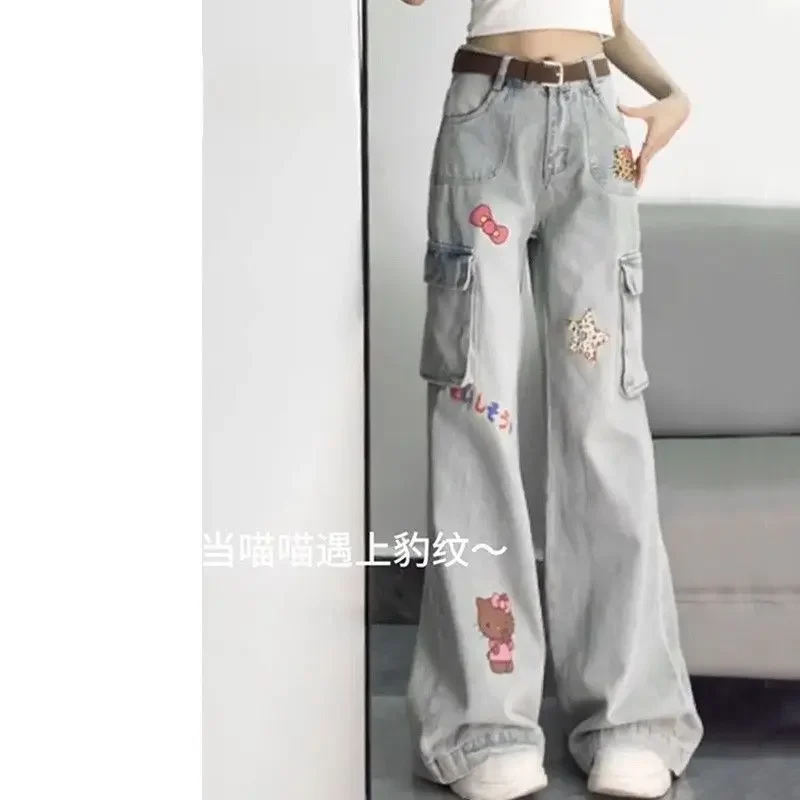 

Cartoon Cute Hello Kitty Jeans Sanrio Light Color Embroidery Straight Pants Women's Kawaii High Waist Work Floor Pants