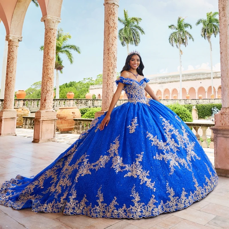 

Blue Shiny Quinceanera Dresses Ball Gown Gold Appliques Lace Beads Corset Princess Dress vestidos de 15 quinceañera
