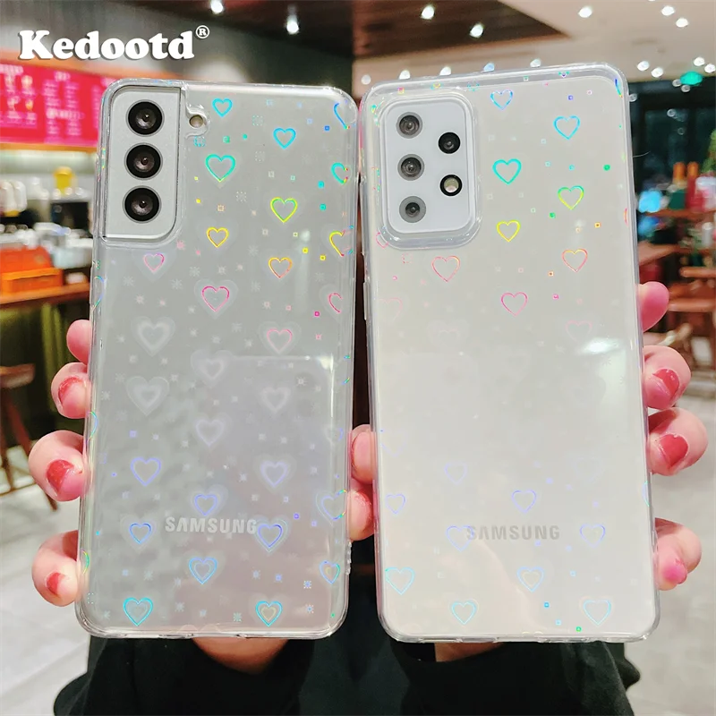 Holographic Love Heart Case For Samsung Galaxy S23 S21 S20 FE S22 Plus A52 5G A32 A72 A71 A51 A31 A12 Note 20 Ultra Clear Cover