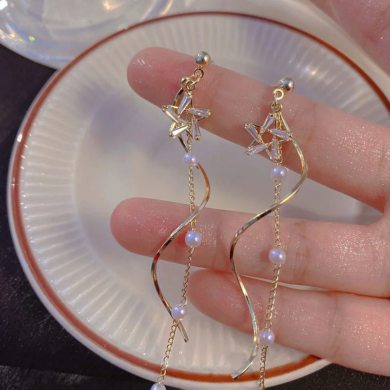 Light Luxury Zircon Star Pearl Wave Long Tassel Earrings Women Temperament Fashion Jewelry Dainty Gifts image 2