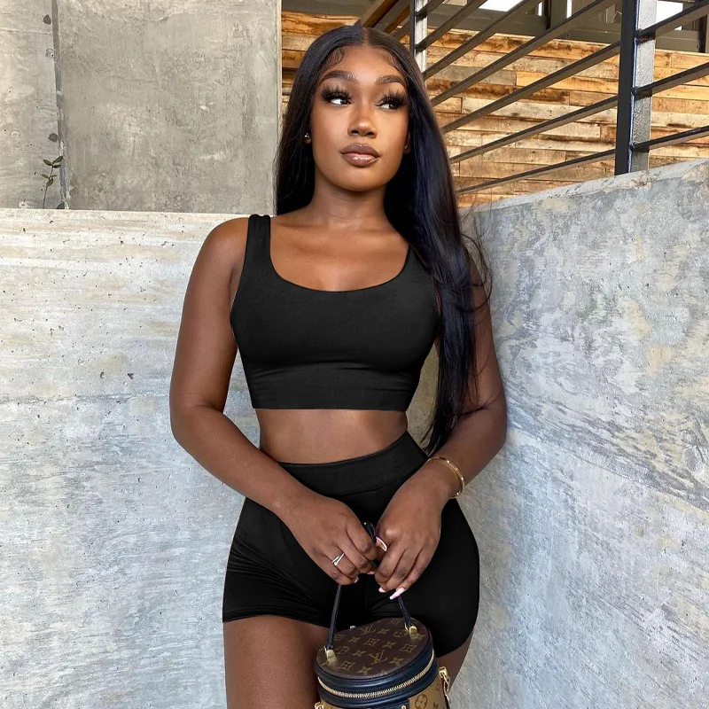 

Женский черный вязаный укороченный топ и шорты в рубчик, дизайн майки, стильный повседневный наряд