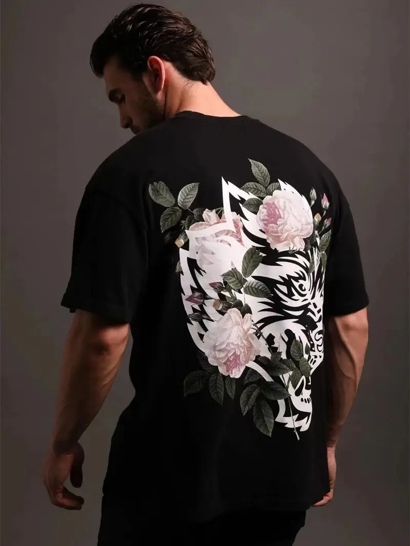 Rose Wolves Jointly Print New T Shirt For Mens 240g 100% Cotton Soft T-shirts Skateboard Short Sleeve Tee Tops Black US SIZE