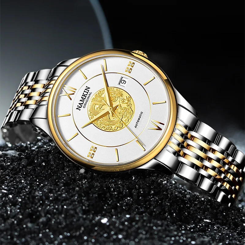 NAMKIN brang negócios de luxo aço inoxidável relógio mecânico masculino ouro dragão dial luz noturna à prova dwaterproof água safira relógios masculinos