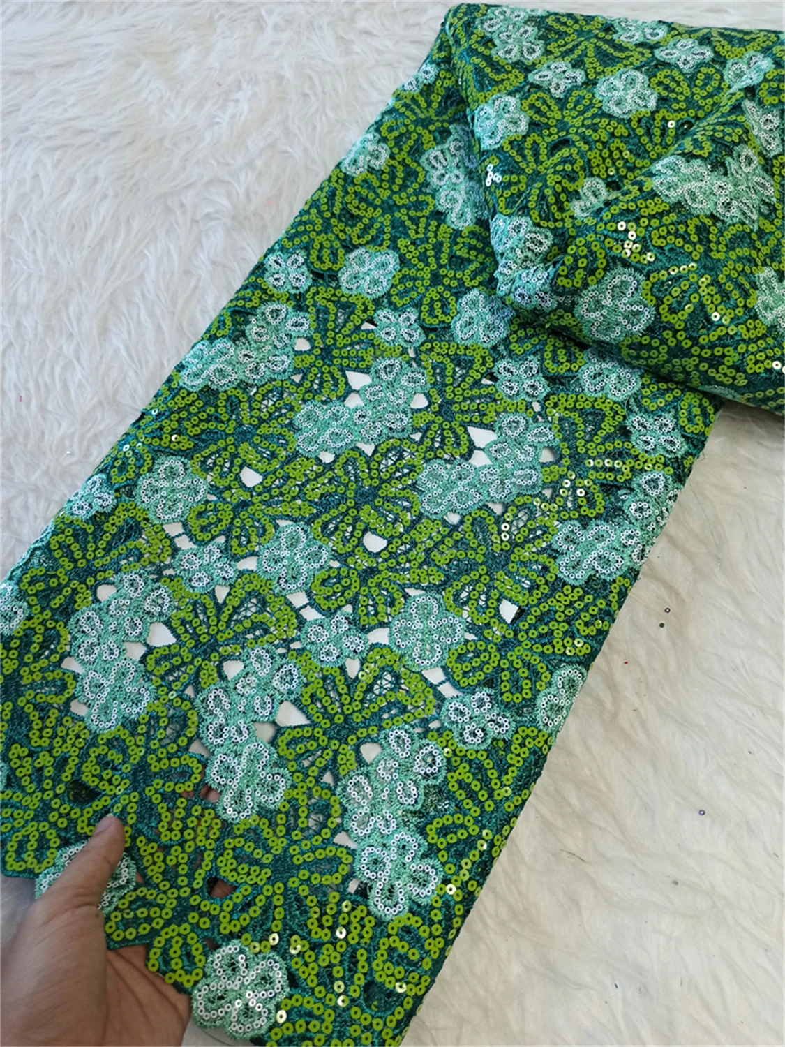 

African Guipure Cord Lace Fabric With Bicolor Sequins New Hollow Out French Water Soluble Lace Fabric for Women Wedding Dresses