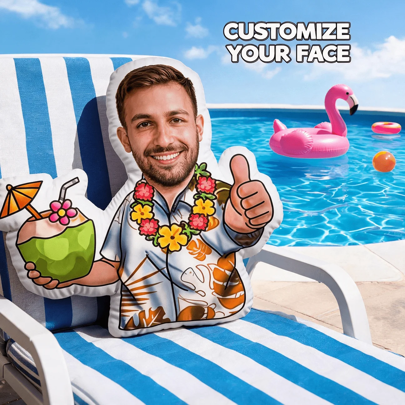 Custom Photo Shaped Pillow, Smiling Man in Hawaiian Shirt Holding Coconut Drink & Thumbs Up, Personalized Face Decorative Cushio